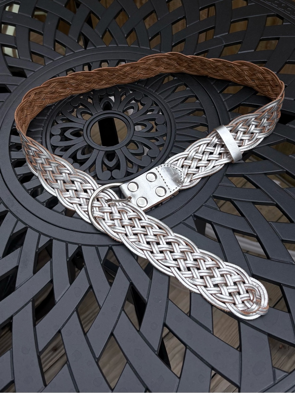 Metallic Silver Braided Leather Belt Adjustable Woven Statement Belt